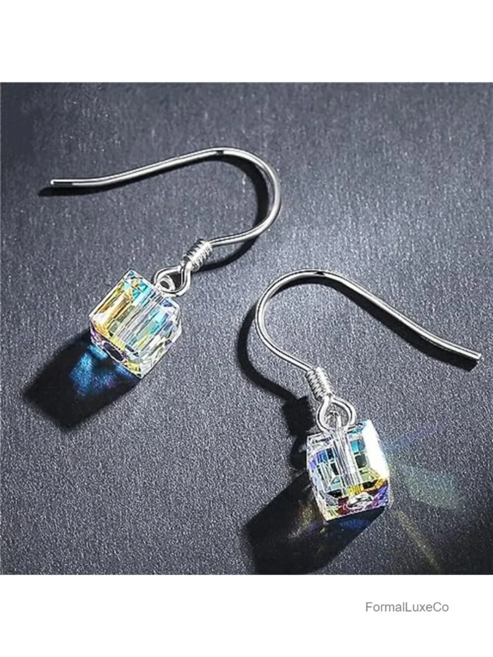 Austrian Crystal Cube Earrings for Women Handmade Clear Silver Plated Dangle